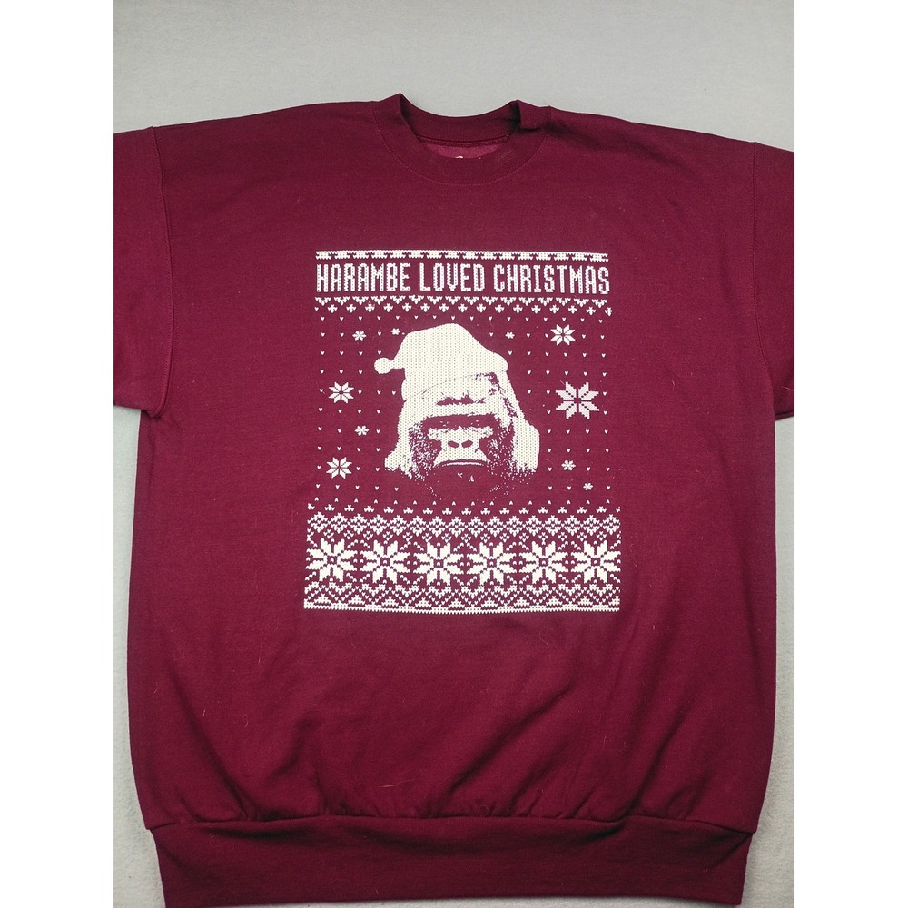Harambe Loved Christmas Ugly Holiday Sweatshirt Burgundy Graphic Crewneck XL